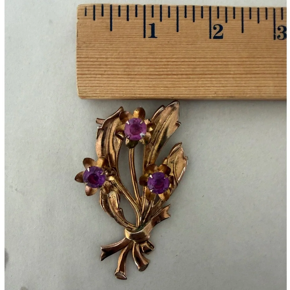 Vintage Gold Tone Purple Rhinestone Flower Bouquet Brooch Floral Pin Mid Century